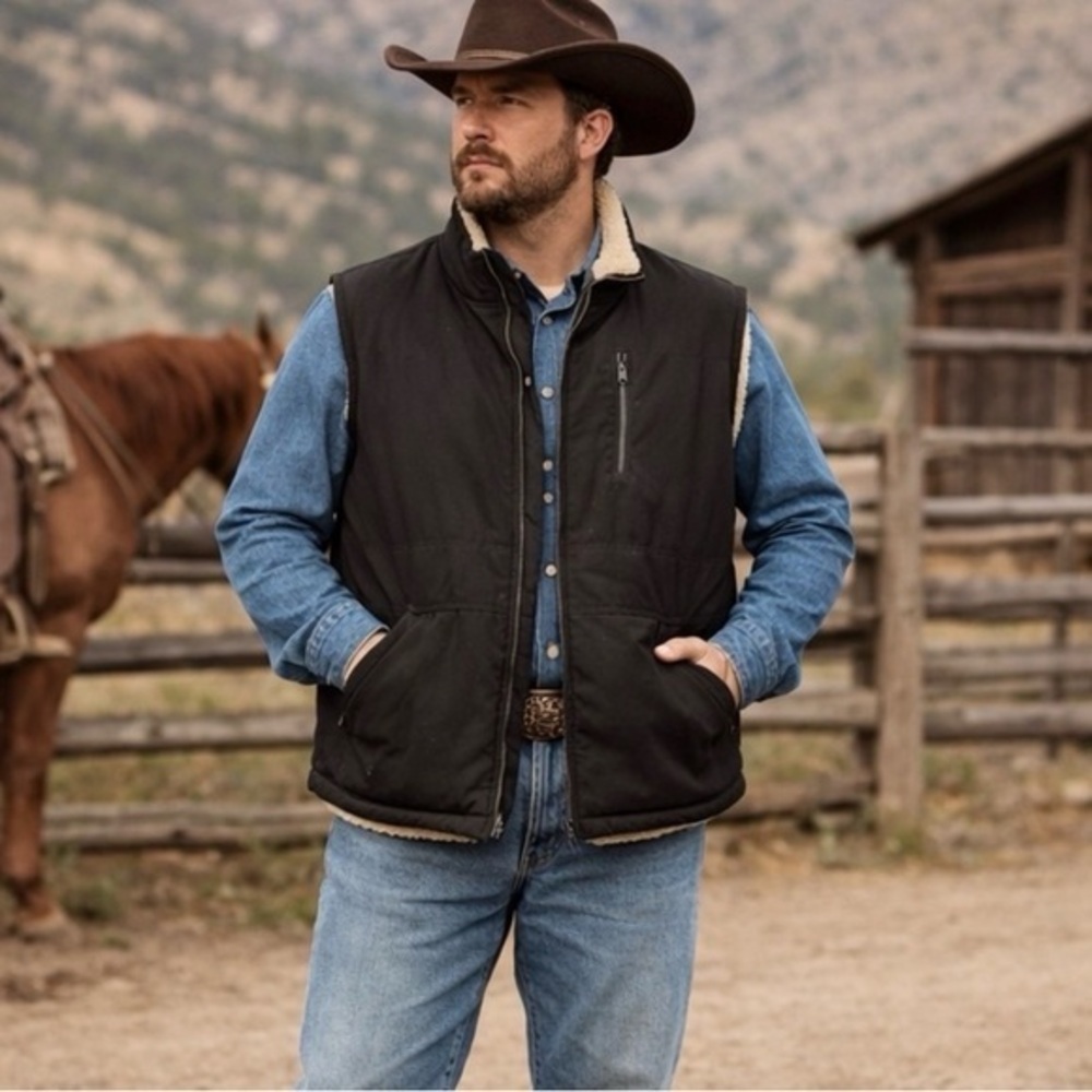 Lee Black Canvas Sherpa Lined‎ Zip Vest Size L Western Ranch Workwear Heritage